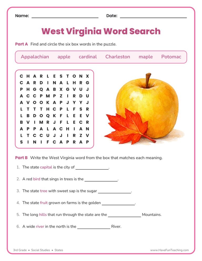 West Virginia Word Search Worksheet