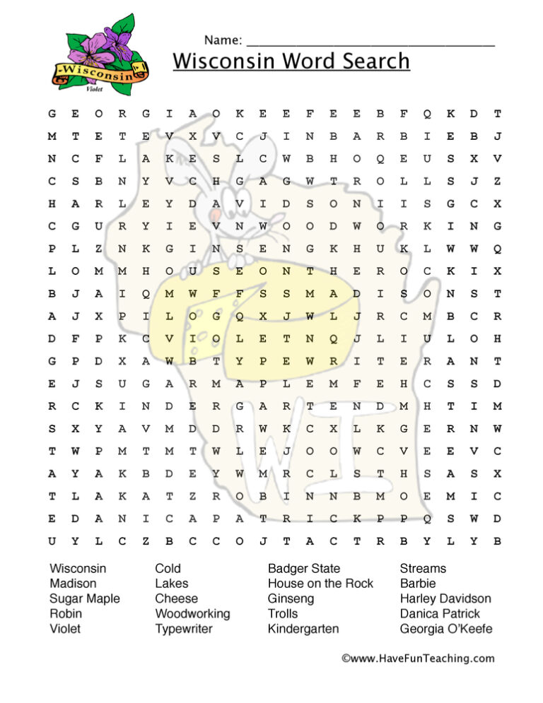 Wisconsin Word Search Worksheet