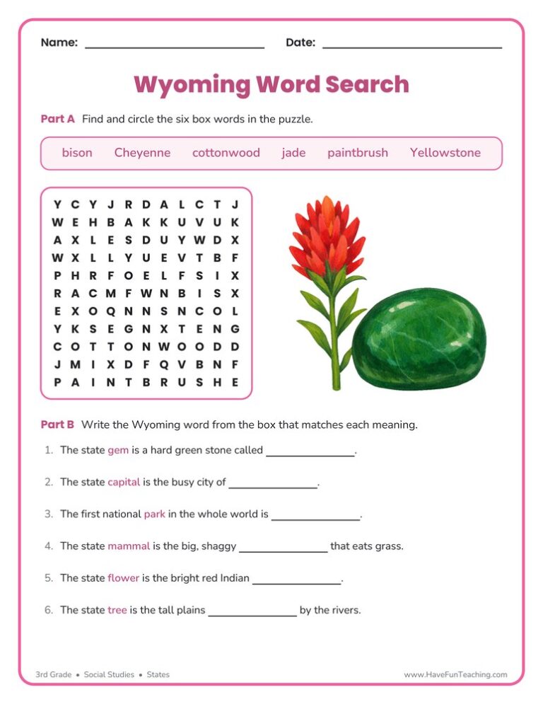 Wyoming Word Search Worksheet