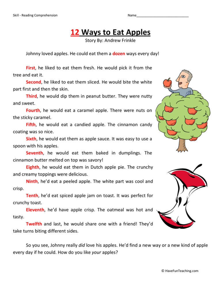 12 Ways to Eat Apples Reading Comprehension Worksheet