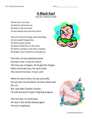 A Black Eye Reading Comprehension Worksheet