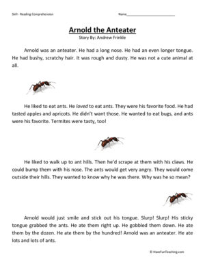 Arnold the Anteater - Reading Comprehension Worksheet