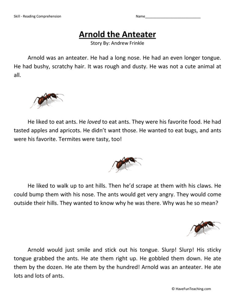 Arnold the Anteater - Reading Comprehension Worksheet