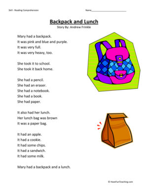 Backpack and Lunch Reading Comprehension Worksheet
