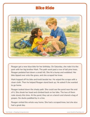 2nd Grade Reading Comprehension worksheet - Bike Ride story page