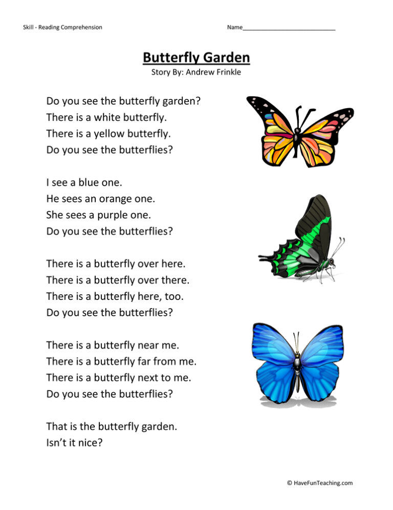 Butterfly Garden - Reading Comprehension Worksheet