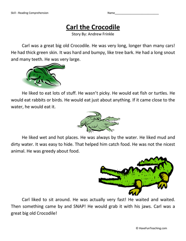 Carl the Crocodile - Reading Comprehension Worksheet