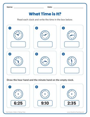 2nd grade telling time worksheet with nine clocks to the nearest five minutes