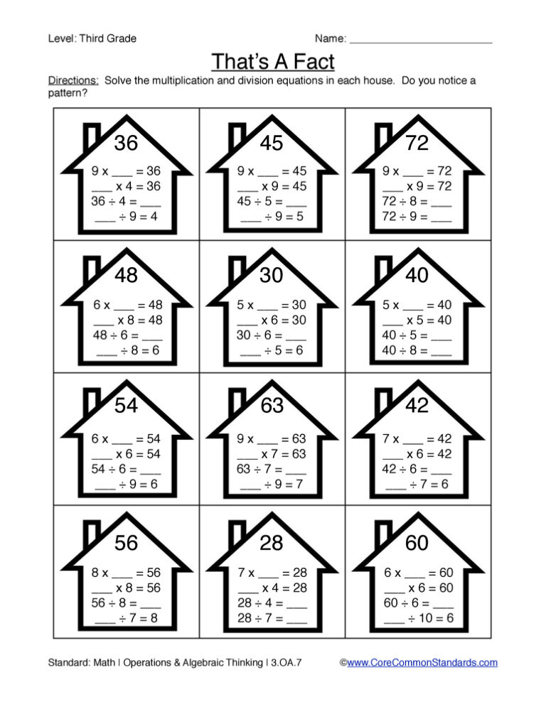 3.OA.7 Common Core Worksheet