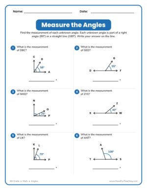 Measure the Angles worksheet for 4th grade — find unknown complementary and supplementary angles on a diagram (4.MD.7)
