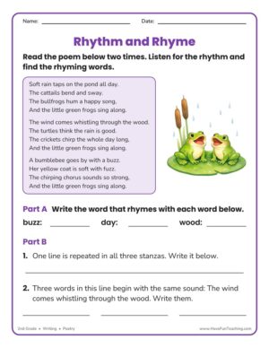 2nd grade RL.2.4 poetry worksheet on rhythm and rhyme