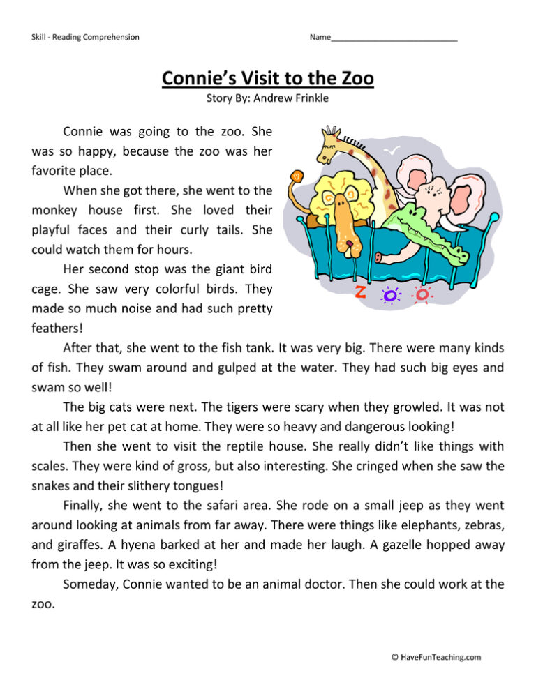 Connie's Zoo Visit - Reading Comprehension Worksheet