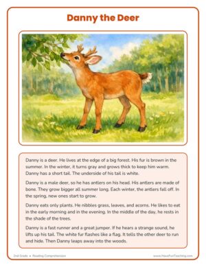 2nd Grade Danny the Deer reading comprehension worksheet about a deer
