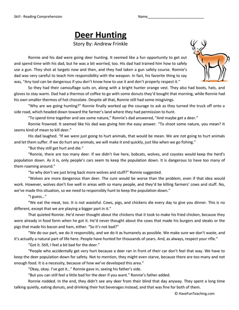 Deer Hunting - Reading Comprehension Worksheet