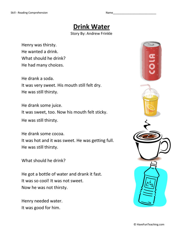 Drink Water - Reading Comprehension Worksheet
