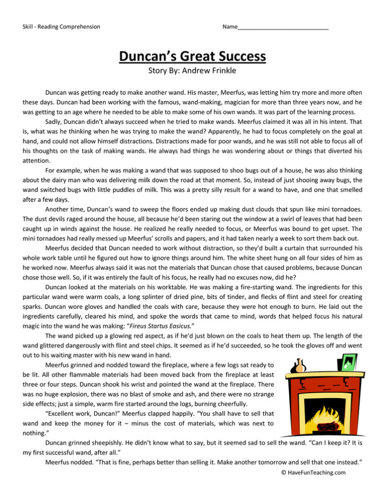 Duncan's Great Success - Reading Comprehension Worksheet