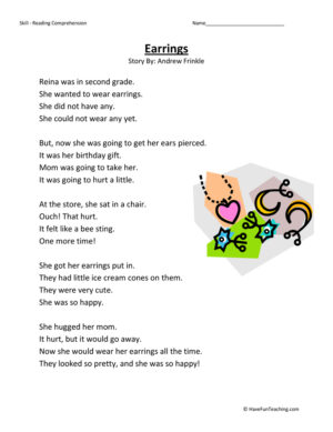 Earrings - Reading Comprehension Worksheet