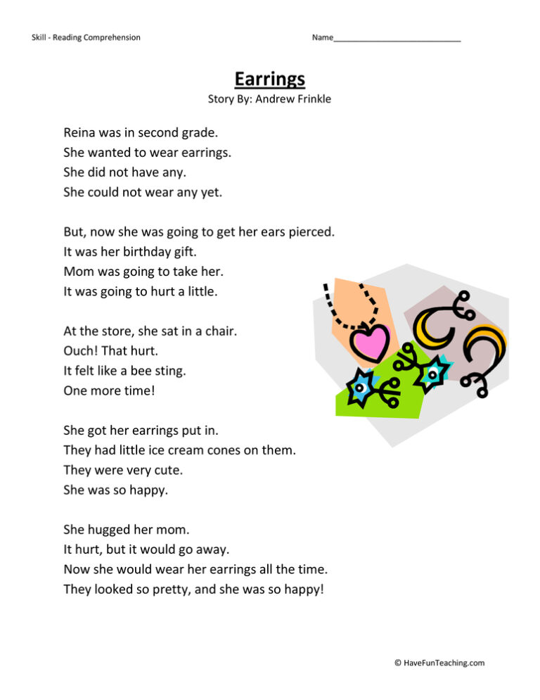Earrings Reading Comprehension Worksheet