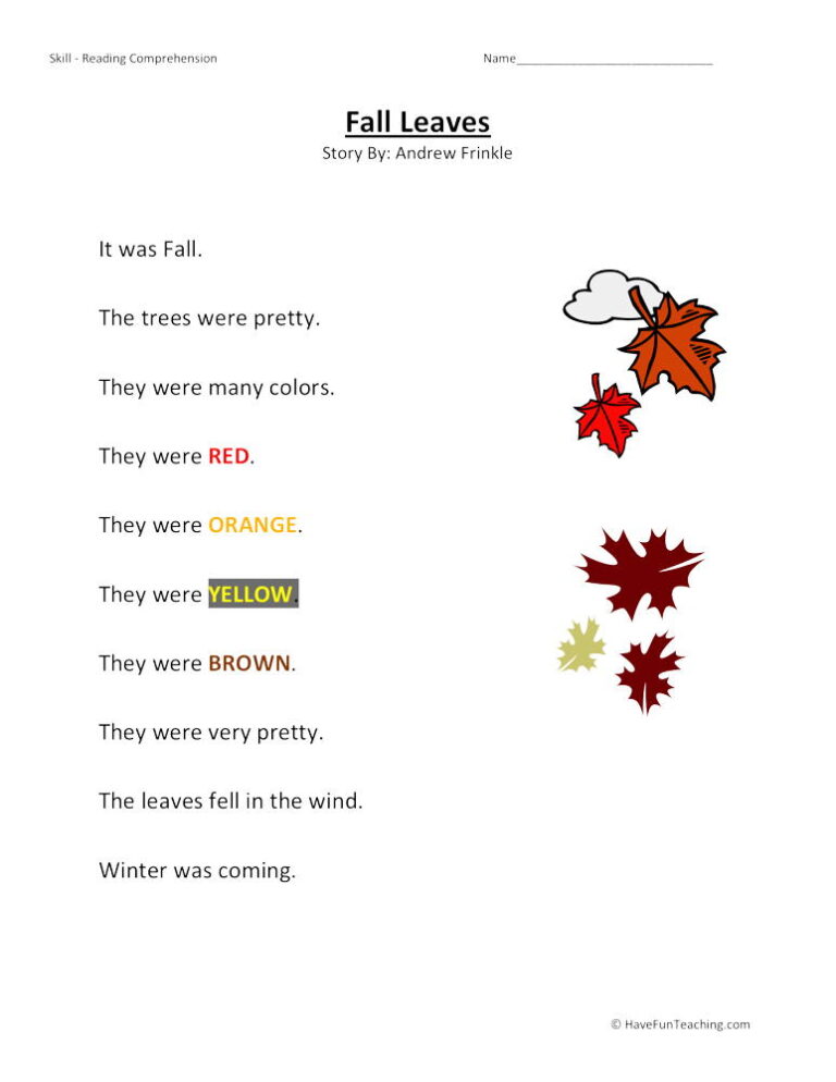 Fall Leaves Reading Comprehension Worksheet