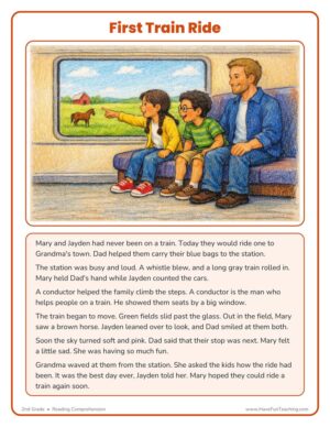2nd Grade Reading Comprehension worksheet - First Train Ride story page