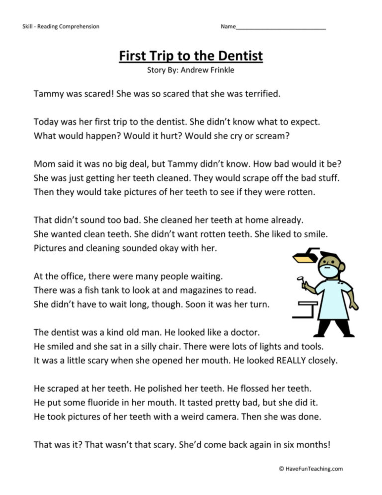 First Trip to the Dentist - Reading Comprehension Worksheet