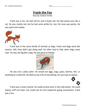 Frank the Fox - Reading Comprehension Worksheet