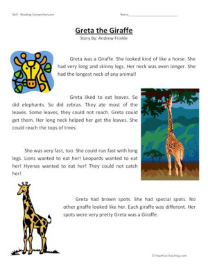 Greta the Giraffe Reading Comprehension Worksheet