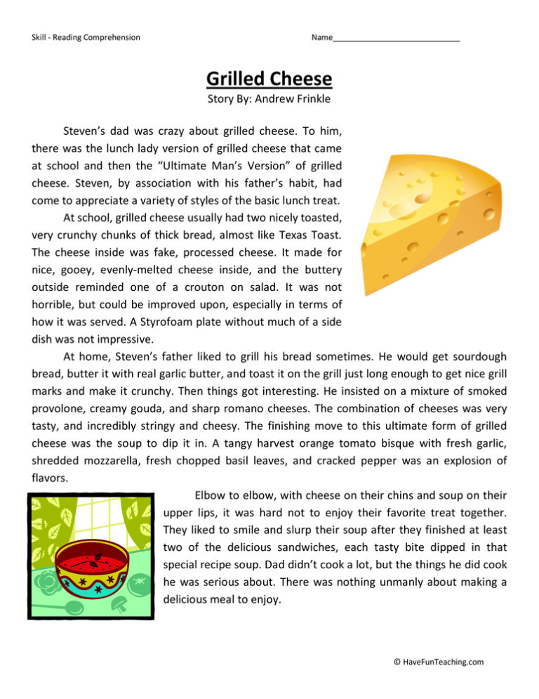 Grilled Cheese - Reading Comprehension Worksheet