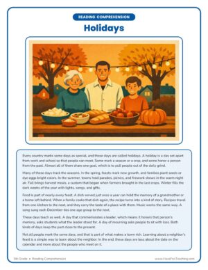Holidays Reading Comprehension Worksheet page 1 with an informational passage about holidays and an illustration of three people at an autumn harvest table