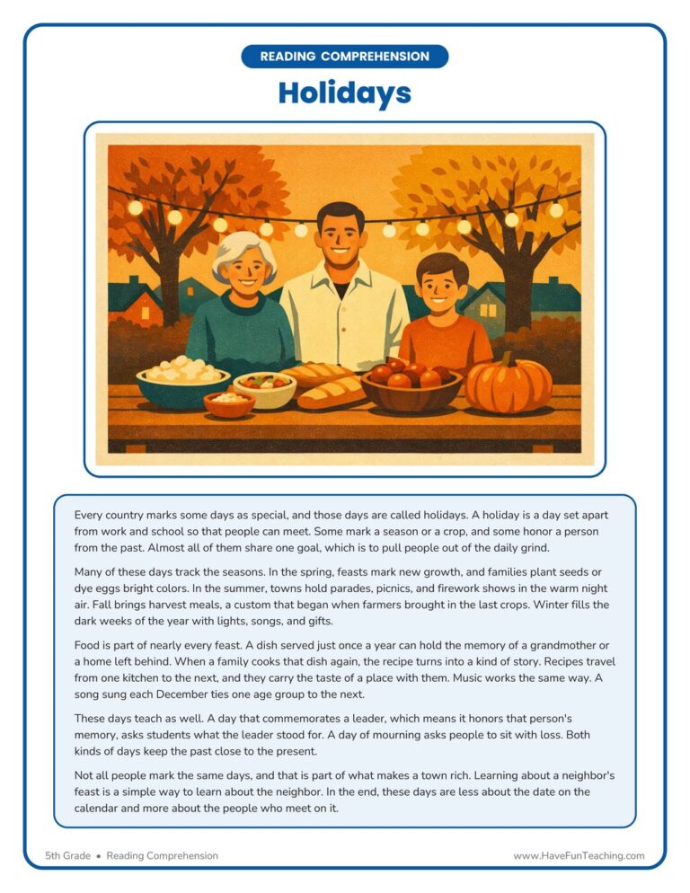 Holidays - Reading Comprehension Worksheet