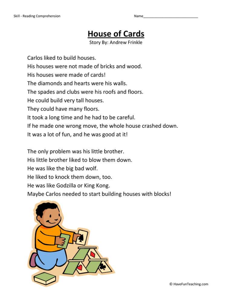 House of Cards Reading Comprehension Worksheet