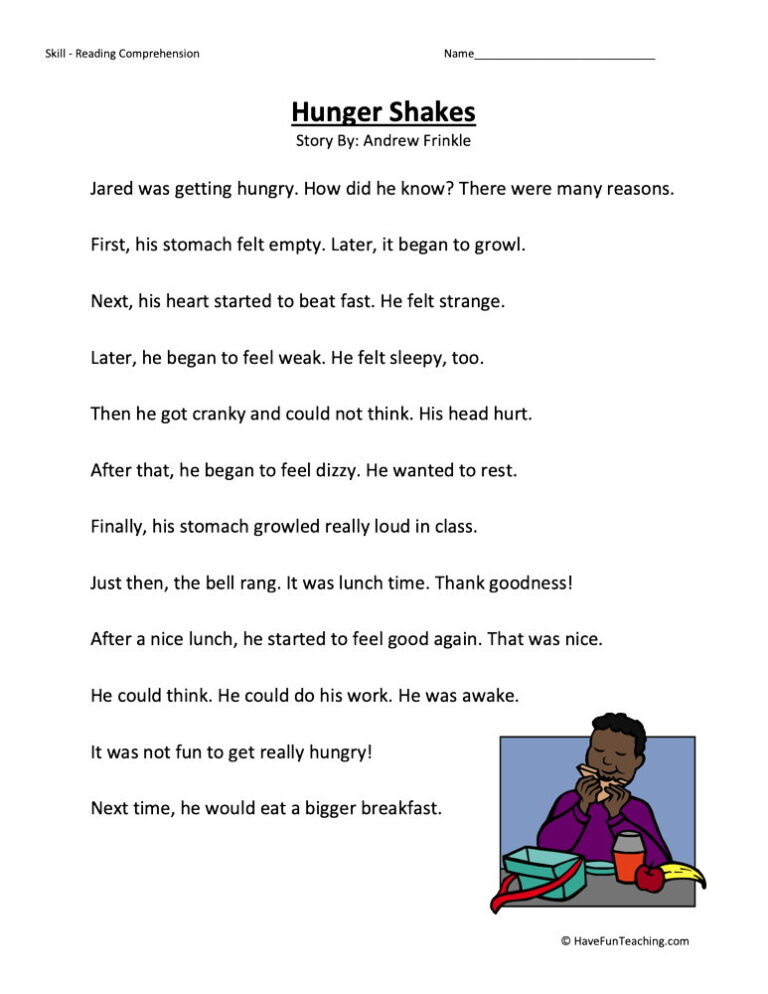 Hunger Shakes Reading Comprehension Worksheet