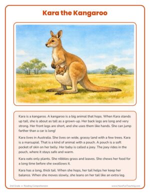 2nd Grade Kara the Kangaroo reading comprehension passage with a picture of a kangaroo and her joey