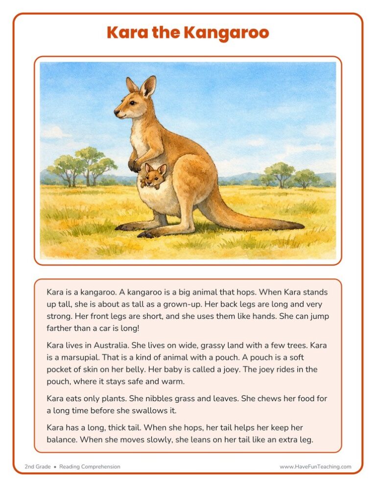 Kara the Kangaroo Reading Comprehension Worksheet