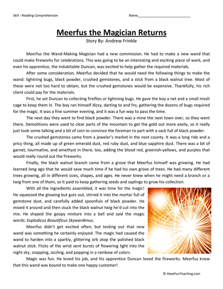 Meerfus the Magician Returns Reading Comprehension Worksheet