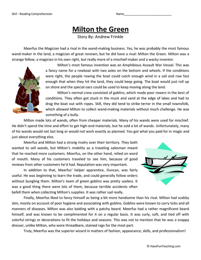 Milton the Green Reading Comprehension Worksheet