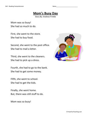 Mom's Busy Day Reading Comprehension Worksheet