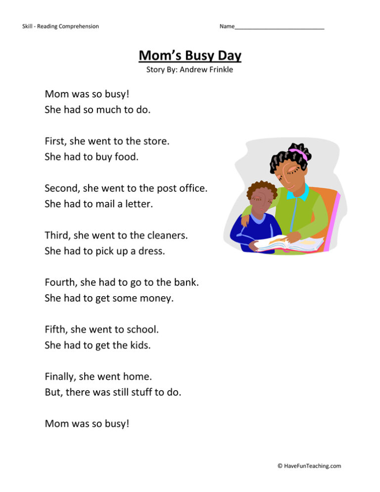 Mom's Busy Day Reading Comprehension Worksheet