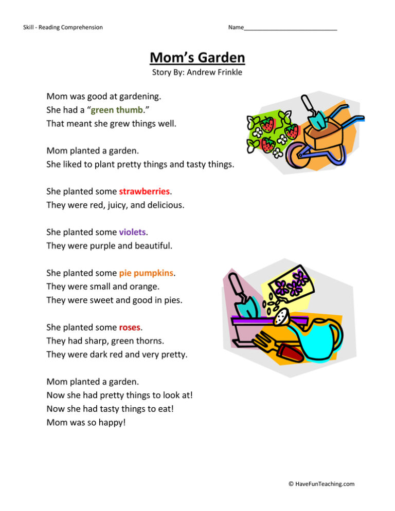 Mom's Garden Reading Comprehension Worksheet