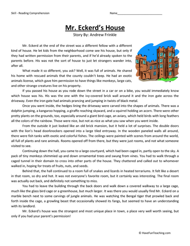 Mr Eckerd's House Reading Comprehension Worksheet