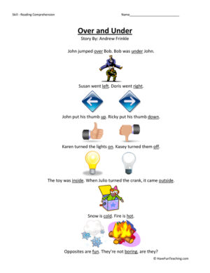 Over and Under Reading Comprehension Worksheet