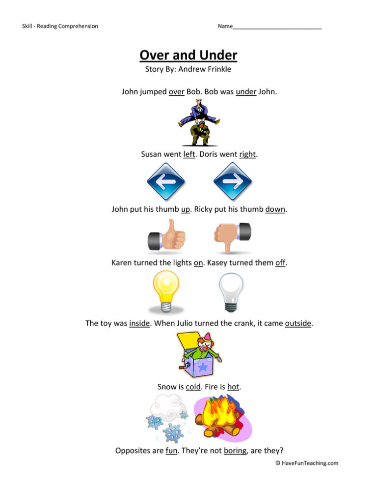 Over and Under Reading Comprehension Worksheet