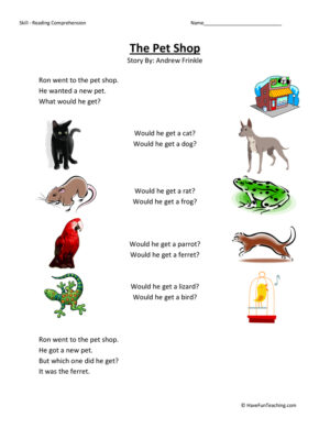 Pet Shop Reading Comprehension Worksheet