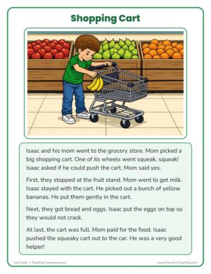 1st grade reading comprehension worksheet about a shopping cart