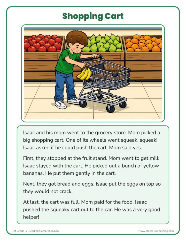 Shopping Cart Reading Comprehension Worksheet