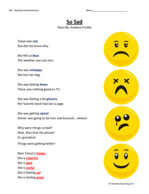 So Sad Reading Comprehension Worksheet