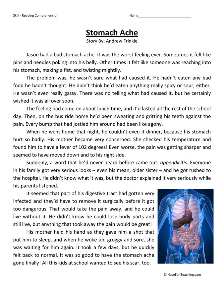 Stomach Ache Reading Comprehension Worksheet