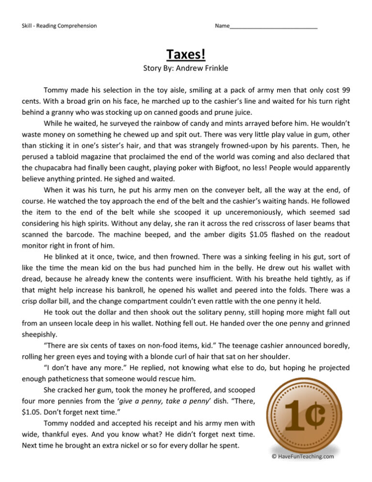 Taxes Reading Comprehension Worksheet