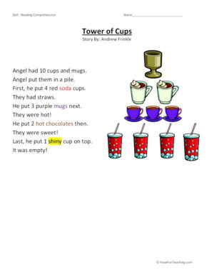 Tower of Cups Reading Comprehension Worksheet