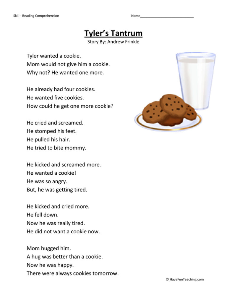 Tyler's Tantrum Reading Comprehension Worksheet